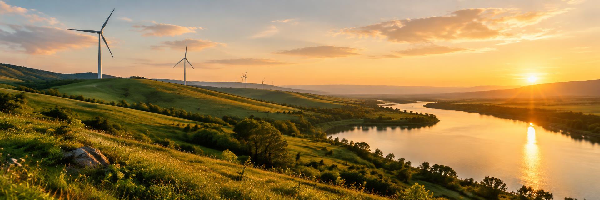 Colinas verdes com turbinas eólicas e um rio ao pôr do sol